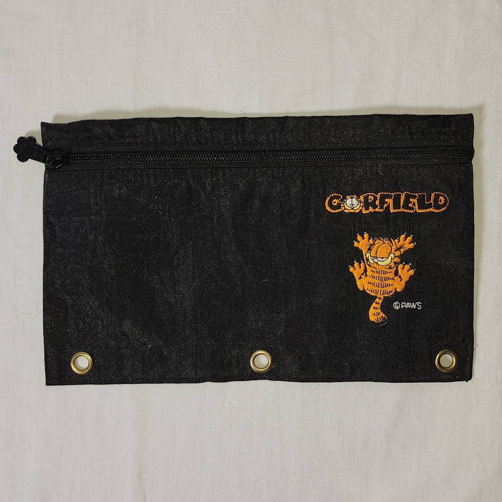 Garfield VTG Zipper Black Pencil Case Pouch Accessory Holder Embroidered Paws